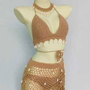 Women's Swim Set 3 PIECE Top & Bottoms & Bottom Cover Crochet Cowrie Shells